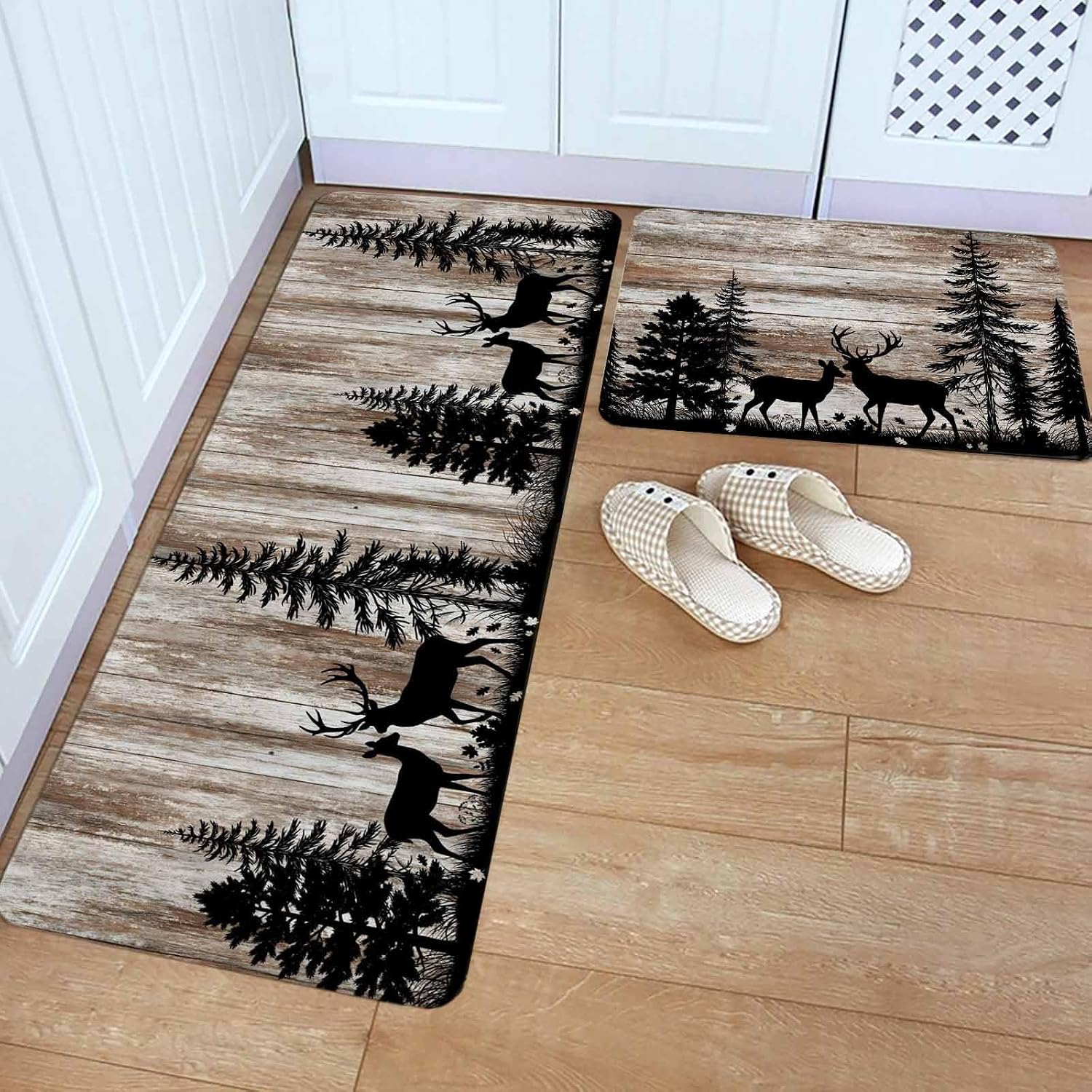 Deer Silhouettes Kitchen Rugs and Mats Set of 2, Non-Slip Kitchen Sink Mat, Trees Wooden Retro Art Farmhouse Washable Doormat Bathroom Rugs Runner for Bedroom/Living Room 23.6"x35.4"+23.6"x70.9"