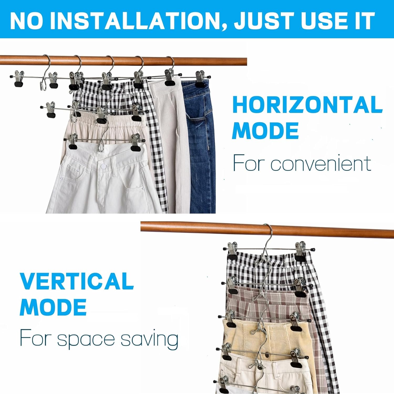 Amber Home 20 Pack Heavy Duty Metal Pants Skirt Hangers, Stackable, Adjustable Clips, Space Saving for Jeans, Slacks