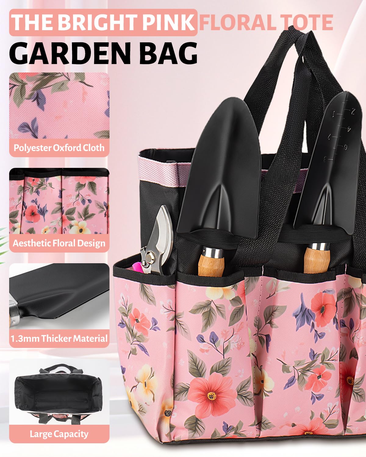 Pink Gardening Tools, Gartenwerkzeugset für Damen, 5-teiliges Garten-Set mit Blumengartentasche, Geschenk für Frauen (5-teilig, Pink)