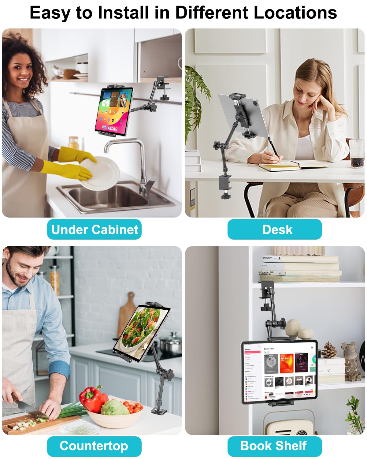 Supporto Tablet per Cucina, Braccio in Metallo Supporto Regolabile a 360 Gradi, per iPad Pro 13 Air Mini, Galaxy Tab, Fire, iPhone, 6,1 a 15,6", Supporto Tablet per Tavolo/Mensola/Scrivania