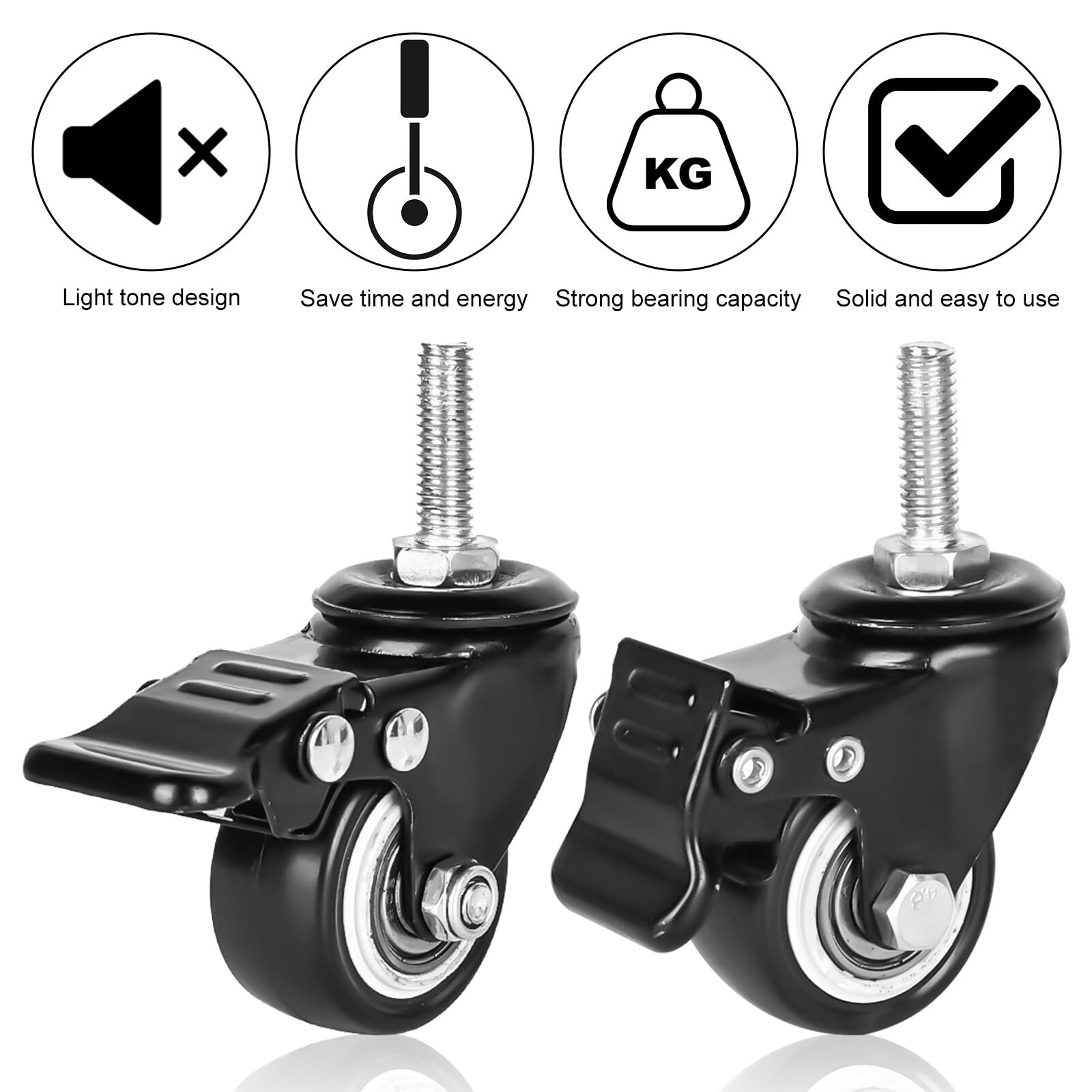 4 Rotelle per Mobili da 40 mm: Vite M8 x 25 mm, Fisse Con Freno, 35 kg, Rotazione a 360 Gradi, in Gomma per Interni ed Esterni