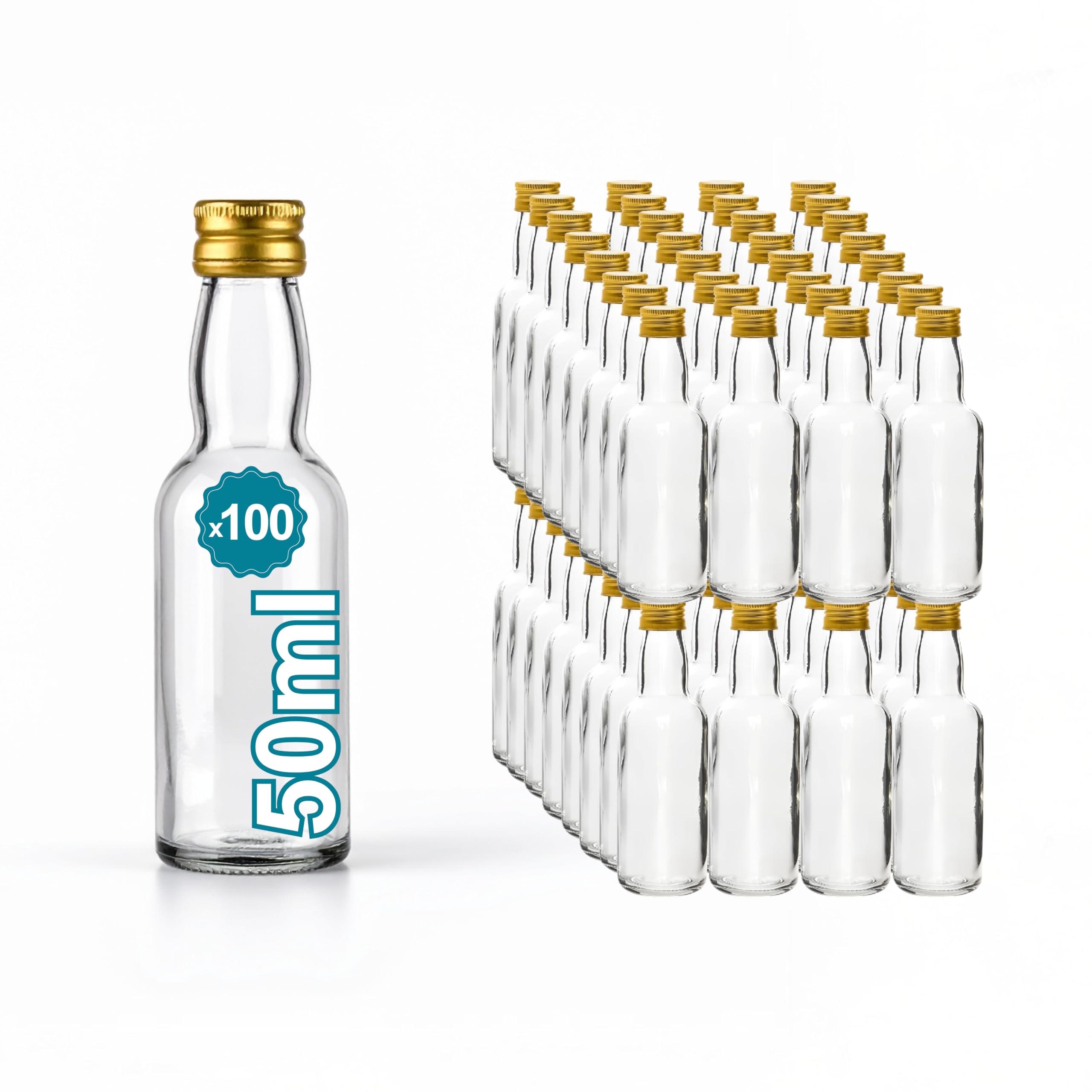 100 Mini-Flaschen aus Glas, 50 ml, 5 cl, für Alkohol – Niedliche leere Süßigkeiten, ideal für Hochzeitsgeschenke, Whisky, Rum, Sauce – kleine Fläschchen für Gäste, kleines Glas, einzigartiges Geschenk Lebensmittel & Getränke