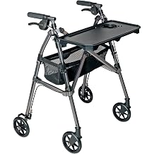Stander Wonder Indoor Rollator with Tray and Basket, Lightweight Folding Mobility Rolling-Walker for Seniors and Adults, Narrow Walker with 6-inch Wheels, Locking Brakes, Black Walnut