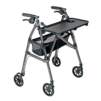 Stander Wonder Indoor Rollator with Tray and Basket, Lightweight Folding Mobility Rolling-Walker for Seniors and Adults, Narrow Walker with 6-inch Wheels, Locking Brakes, Black Walnut