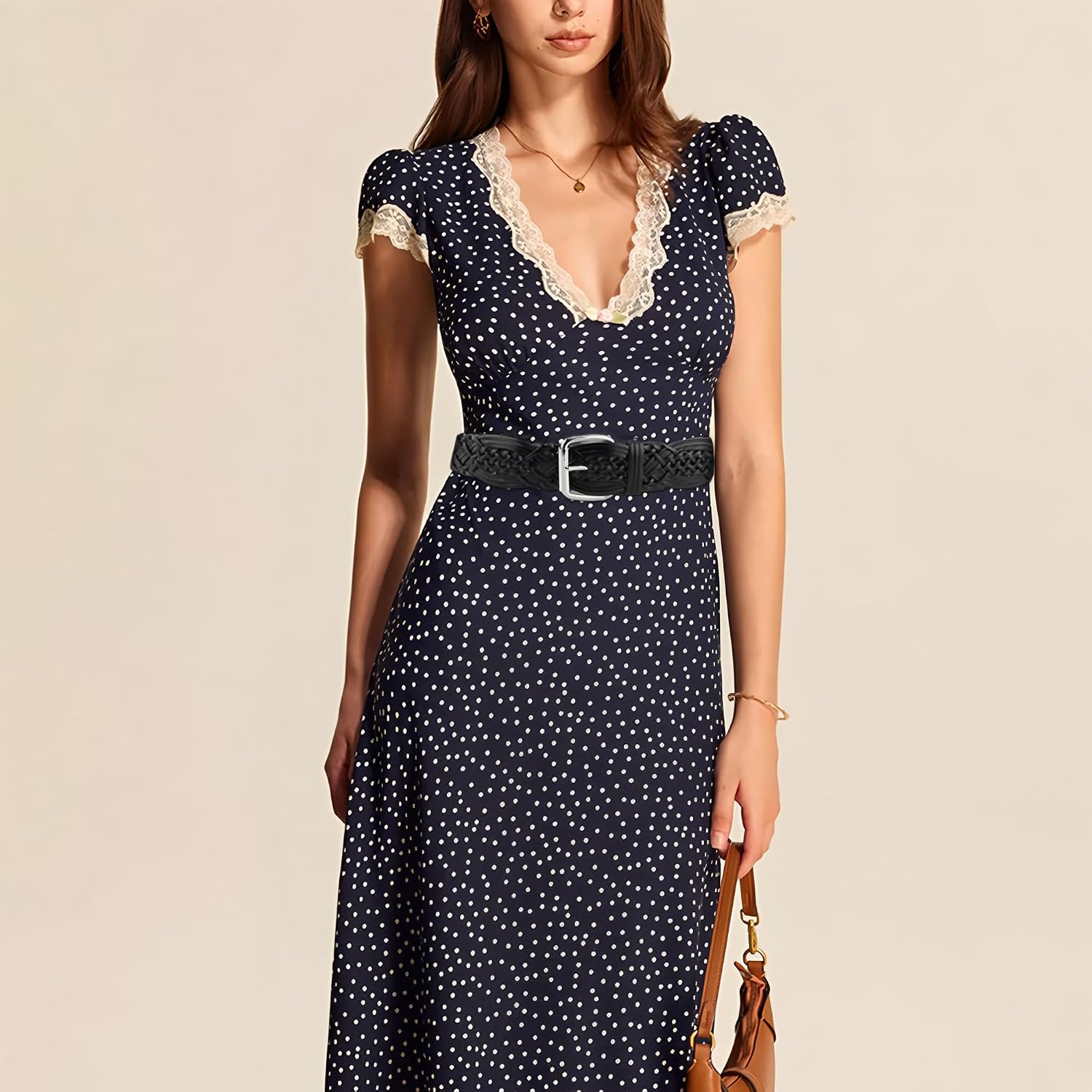 Women's Braided 2 Inch Wide Belts for Dresses and Pants, Hand Woven Hollow Waist Belt with Silver Buckle