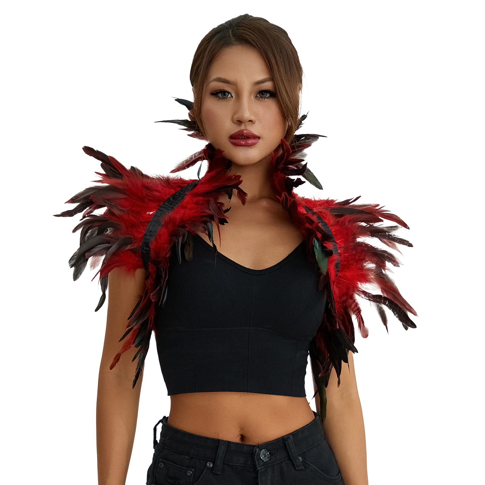 Acrawnni Women' Natural Feather Cape Shawl Gothic Shrug Poncho Collar Halloween Cosplay Swan Wings Accessories Costume (A-Red - Image 3
