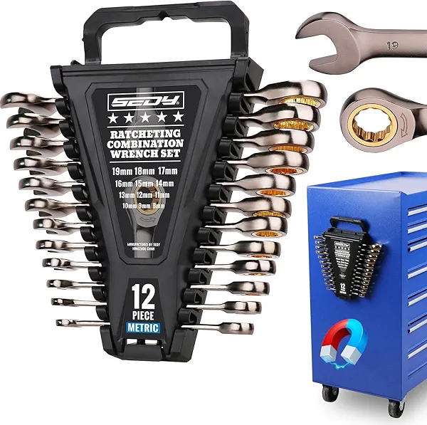 Premium 12-Piece Metric Ratchet Wrenches Set with Magnetic Organizer 8mm-19 mm, 72-Tooth Ratcheting Wrench Set, Cr-V Steel Ratchet Combination Wrench Set for Automotive, Machine Repair