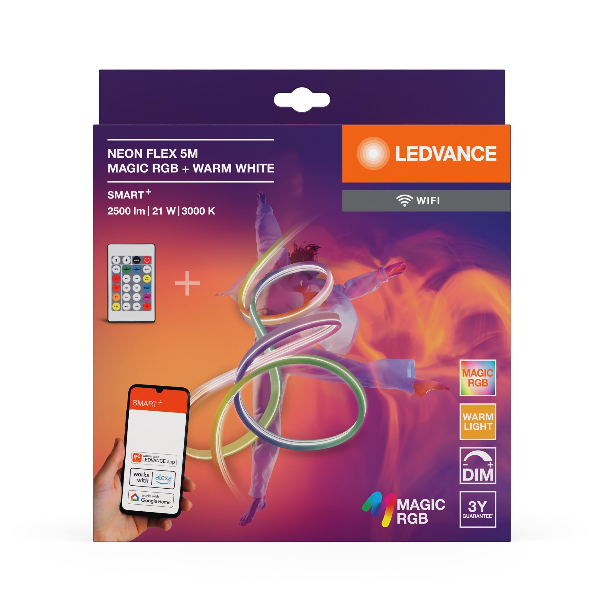 LEDVANCE SMART WIFI NEON FLEX tiras LED de color/blanco para exteriores con tecnología WiFi y distribución homogénea de la luz; MGC TW RC; no regulable; blanco; silicona; 5 m; bombilla no sustituible