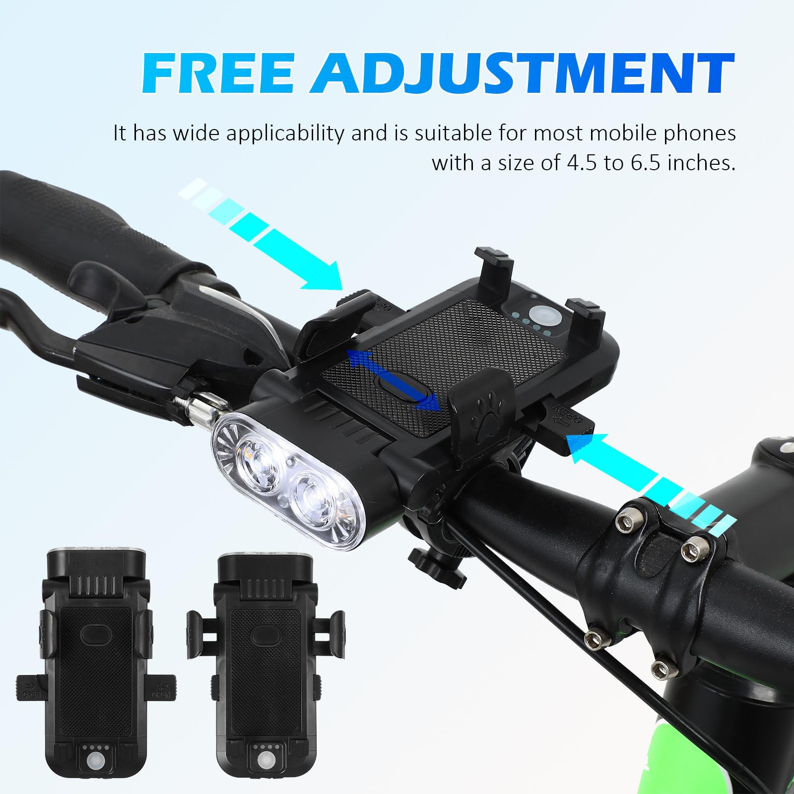 Luce LED per Bicicletta Mountain Bike Doppio LED, Batteria 4000mah Ricaricabile USB, Clacson ad Alto Decibel e Supporto Telefono per Guida Notturna Sicura