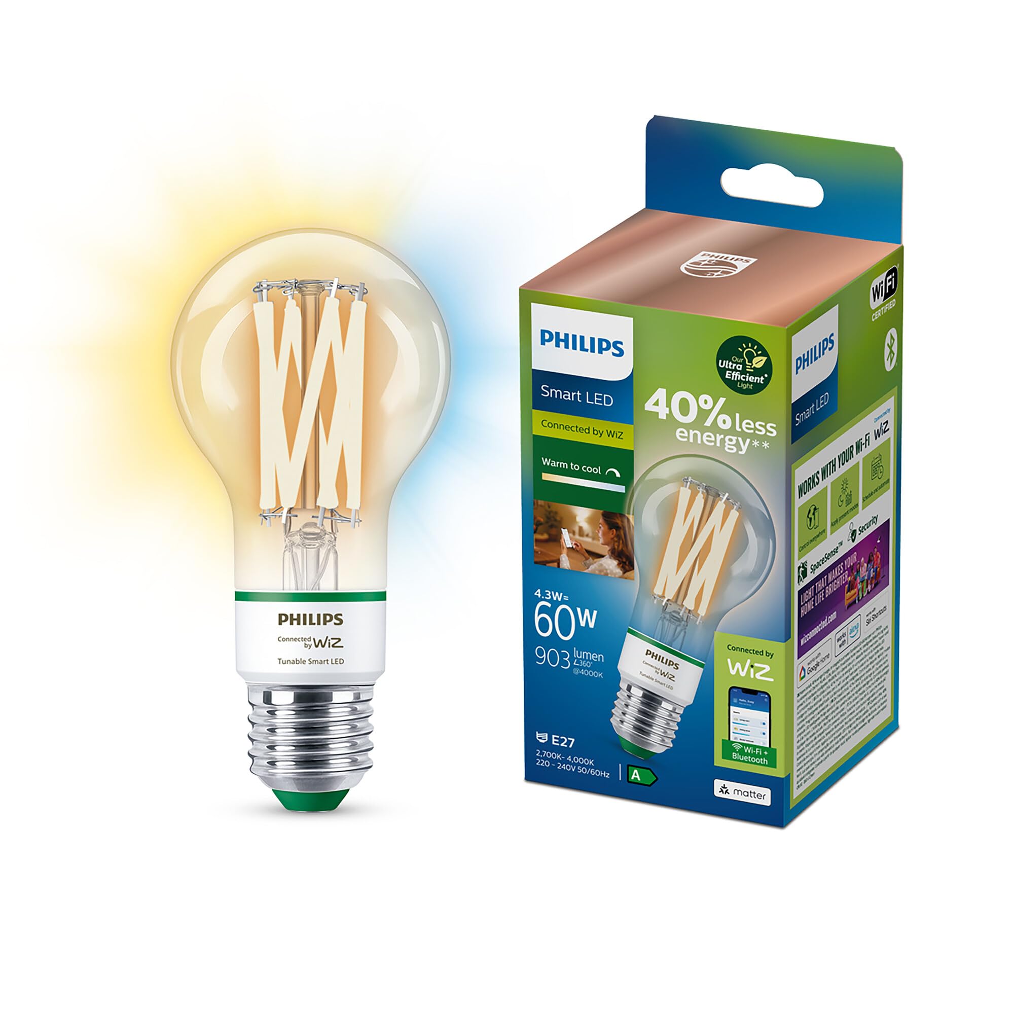 Philips Smart Led E27 4,3W 903lm 2700K + 4000K
