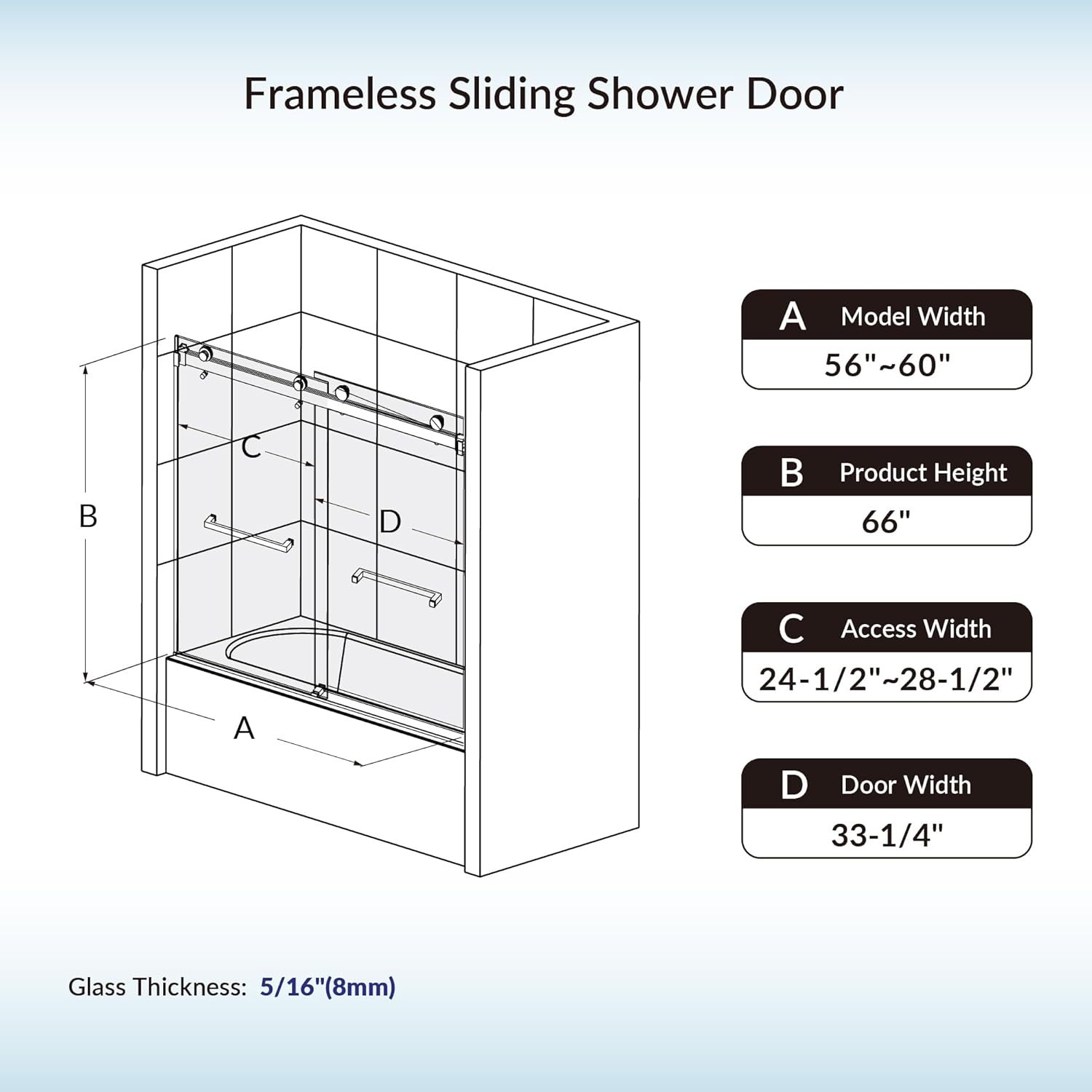 Woodbridge Frameless Bathtub Shower Doors 56-60" Width x 66" Height with 5/16"(8mm) Clear Tempered Glass, 2 Ways Opening & Double Sliding in Brushed Gold Finish