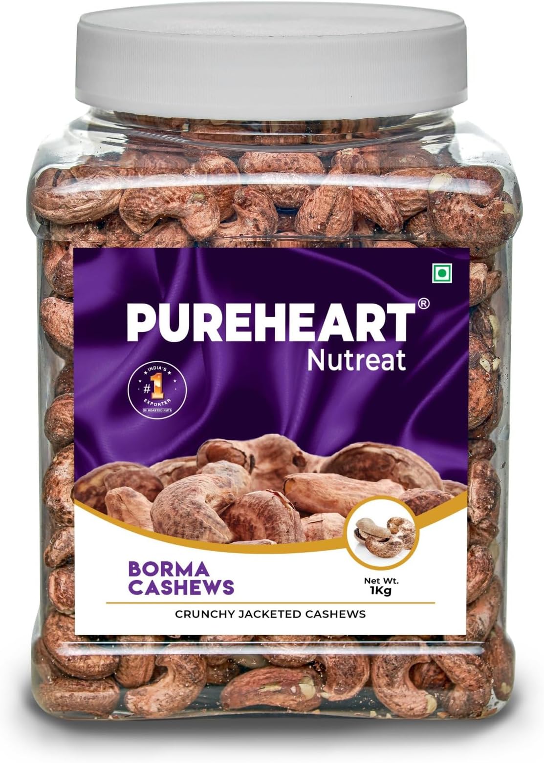 Pureheart Borma Cashews/Skin Unpeeled Cashews (1 kg) Natural Whole Cashews - Nutty Flavor Cashew Nuts with Skin - Reusable Jar