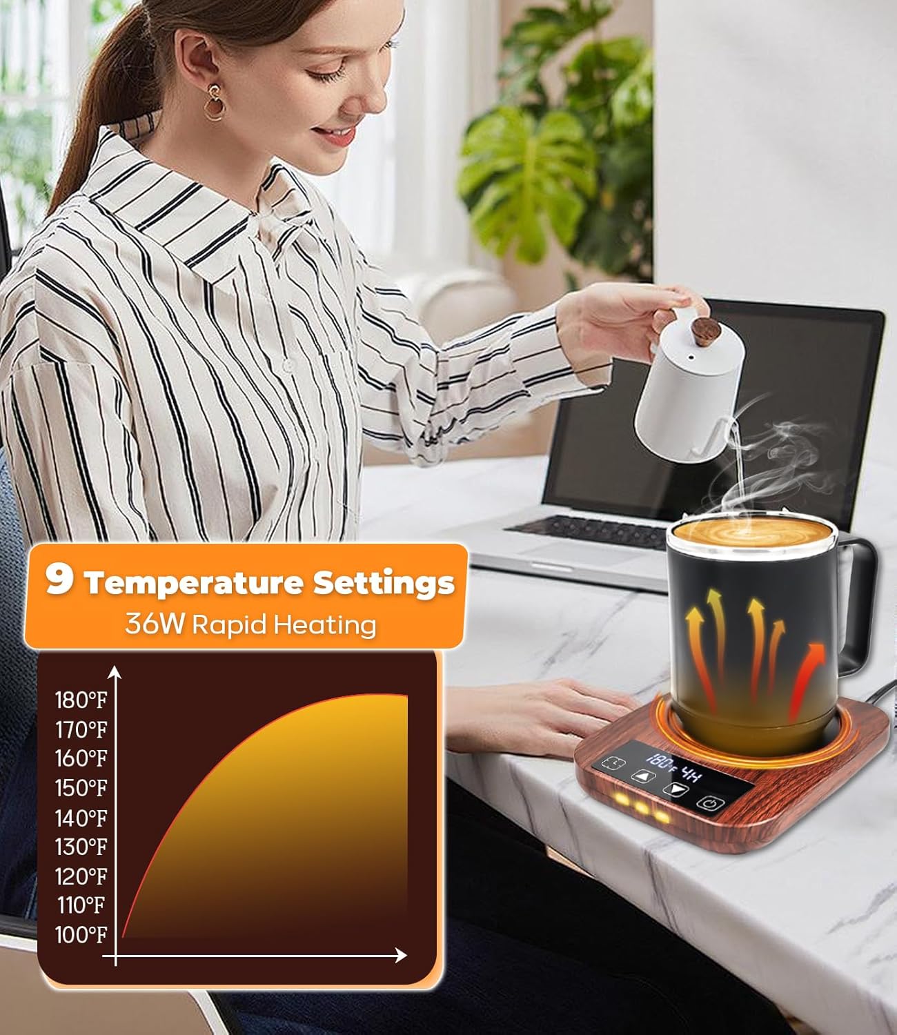 Coffee Mug Warmer & Mug Set for Desk, 9 Temp Electric Coffee Cup Warmer with Auto Shut Off, 1-12H Timer Smart Beverage Warmer, Candle Warmer Plate Melter, Heated Coffee Mug for Desk, Charging Coaster