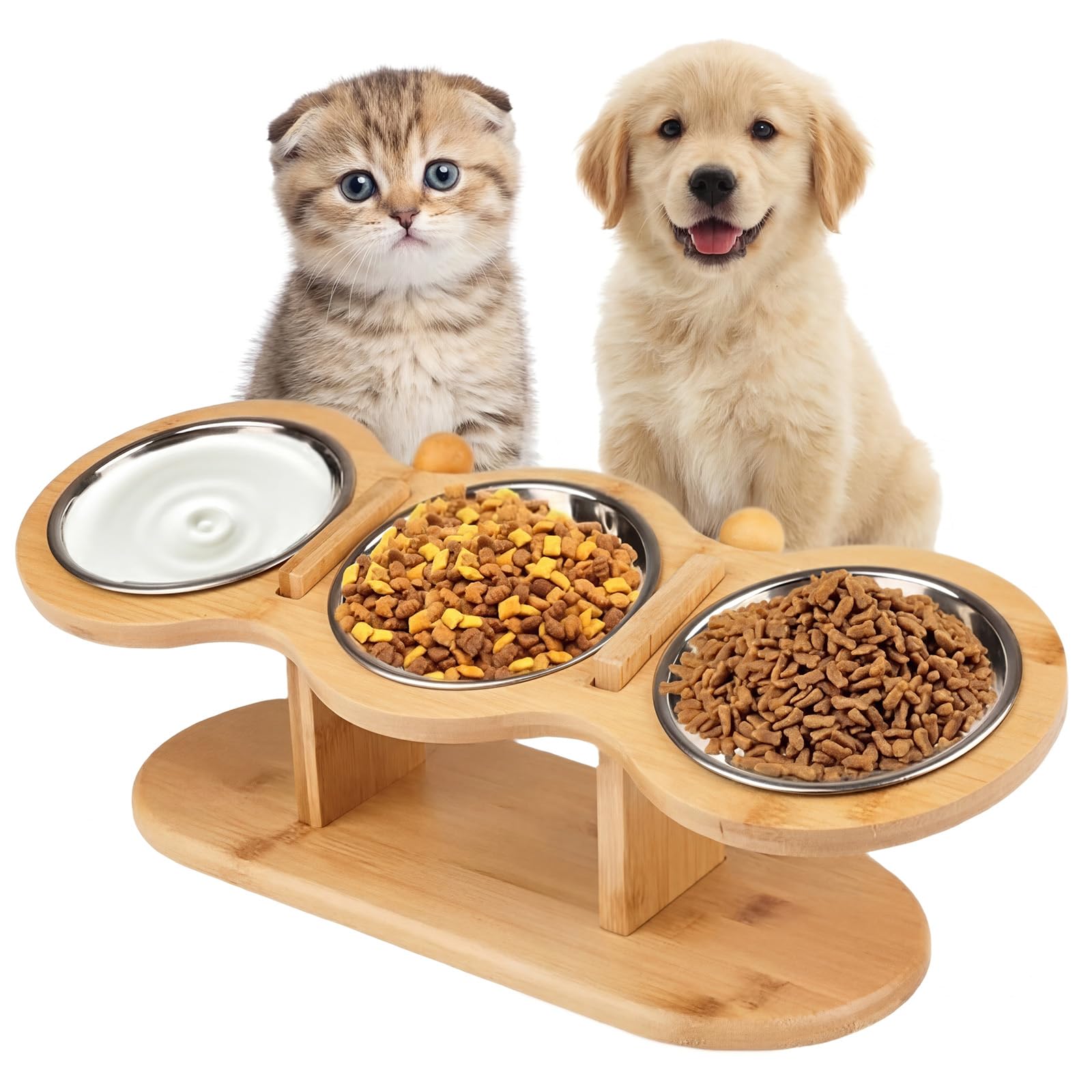 Eulihent Raised Cat Bowl with 3 Stainless Steel Bowls, Raised Height Adjustable with Wooden Stand, Ergonomic Feeding Status, Water Bowl for Cats, Small Dogs