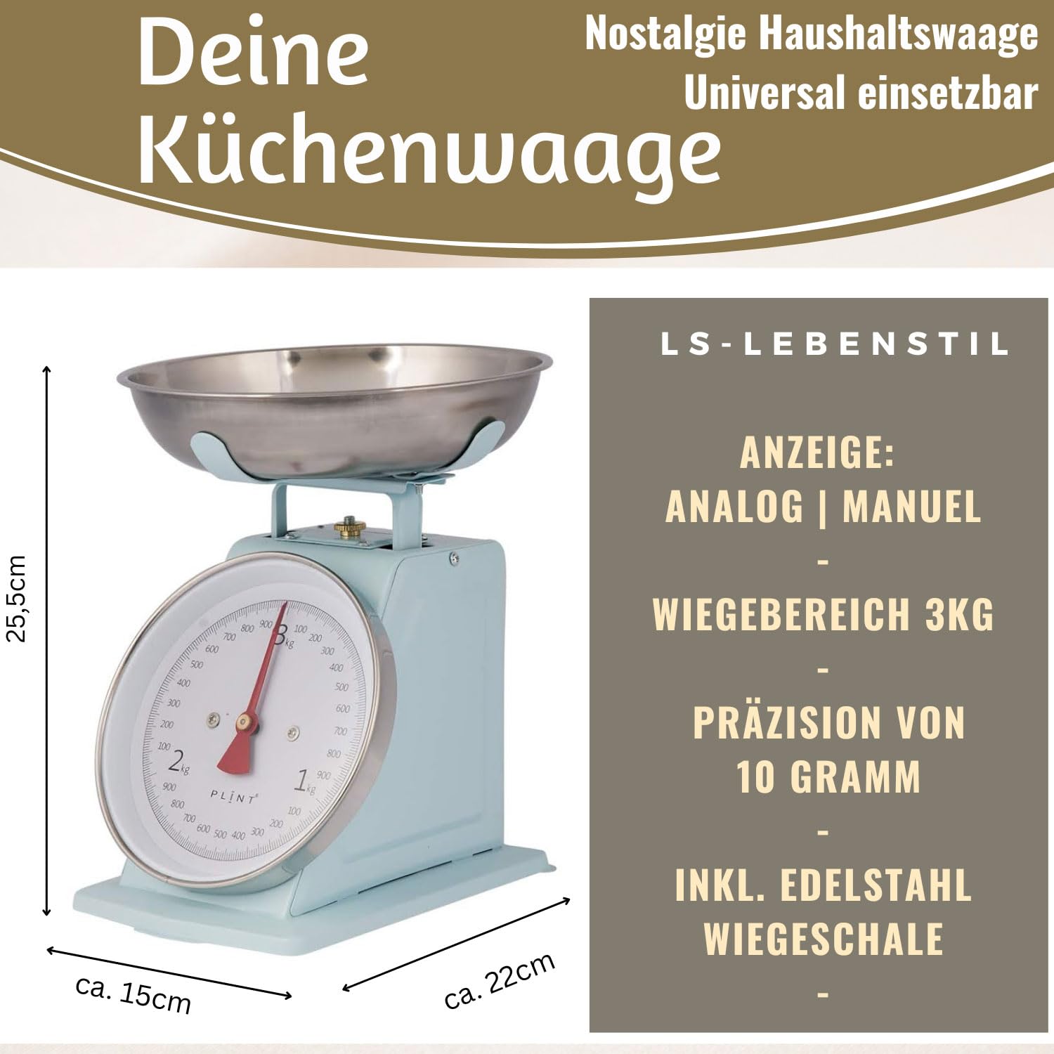 LS-LebenStil Vintage Küchenwaage Retro Blau Manuelle Analoge Backwaage großes Ziffernblatt mit 1L Edelstahl Schüssel ohne Batterie/Strom Küche Waage