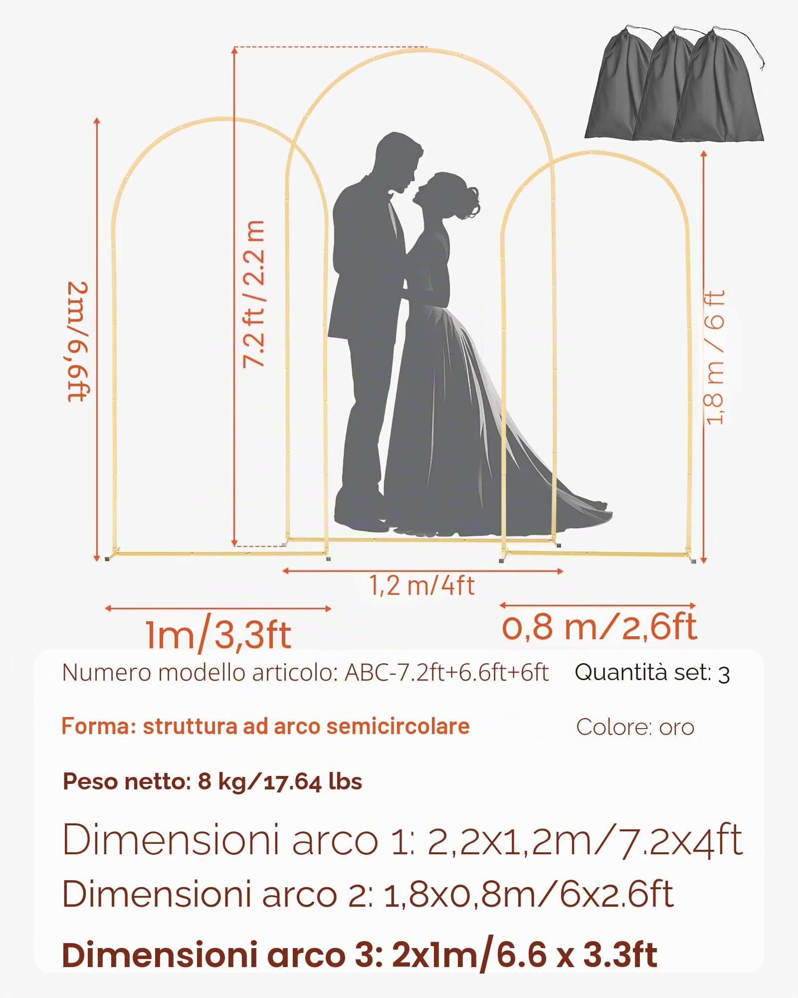 VEVOR Supporto per Fondale ad Arco 2,2/2 / 1,8 m, Set da 3, Struttura Stabile, Facile da Montare, Set di Fondali ad Arco per Feste per Matrimoni, Feste di Compleanno, Decorazioni per Cerimonie
