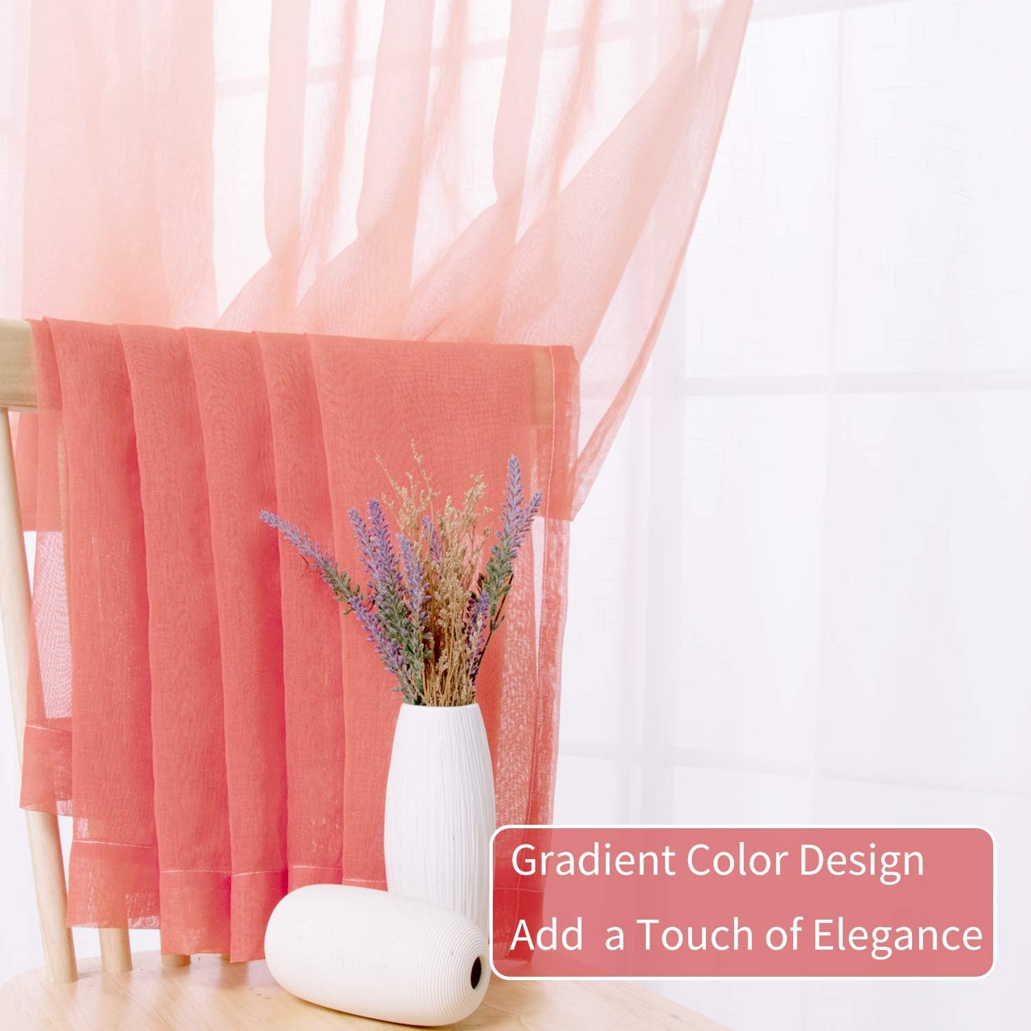 Faux Linen Ombre Sheer Curtains - Extra Wide Gradient Voile Semi Curtains with 14 Grommets for Sliding Patio Window Door, 100W x 108L Inch Coral, 1 Panel