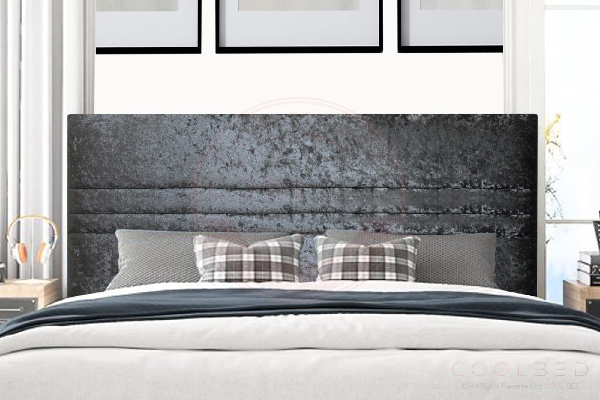 Mint Crushed Velvet Headboard for Divan Bed Base | Divan Bed Headboards | Panel Bed Headboard | Upholstered Headboard | Horizontal Headboard (Black Crushed, Super King (6') - 20" (H)) — image 1