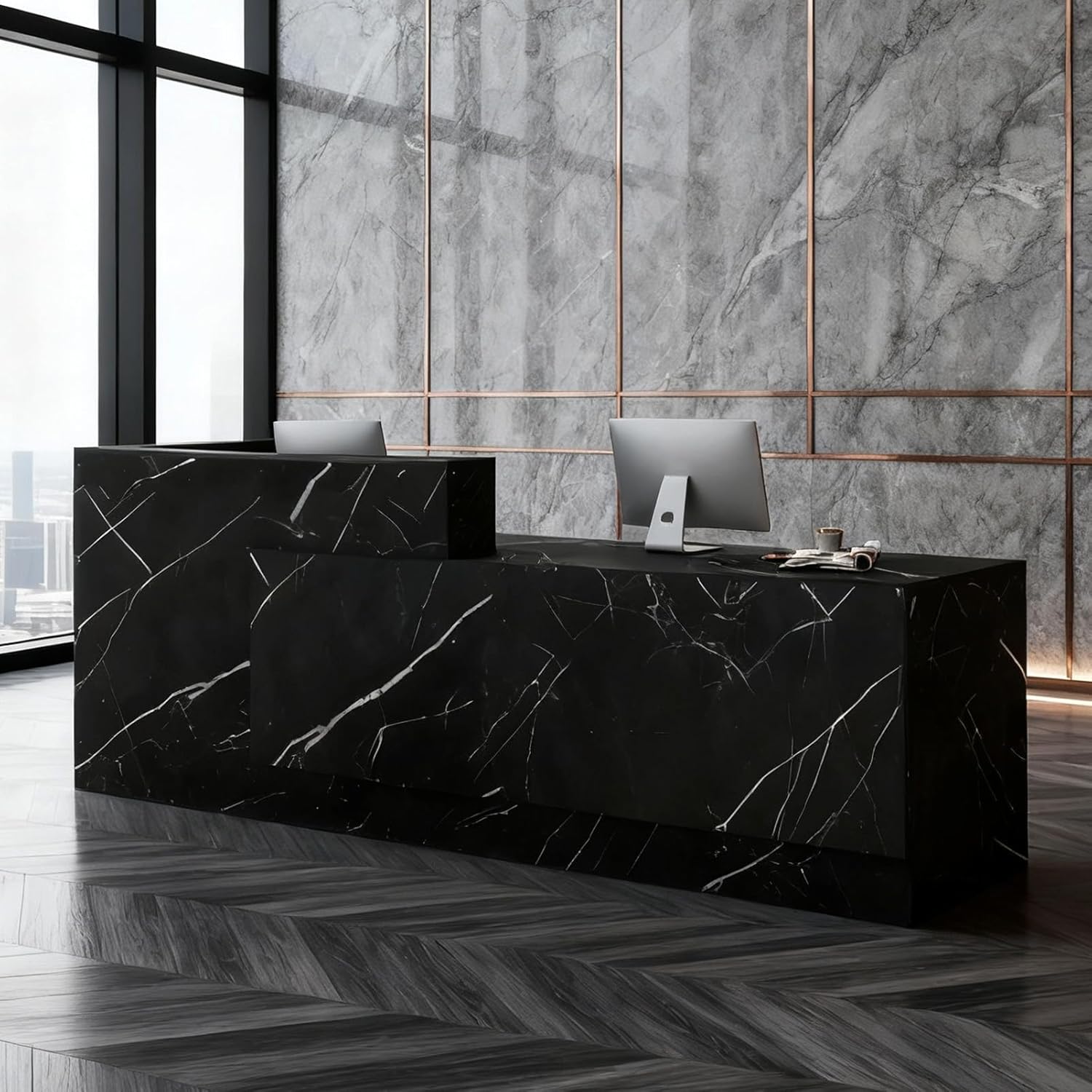 Modern L-Shaped Reception Desk - Large Wooden Commercial Reception Desk with Counter, Lockable Drawers and Door Cabinet RIGHT_71*24*41IN Velvet Noir