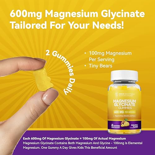 Miniatura 4 de Gomitas de glicinato de magnesio 600mg, sin OMG, sin gluten, gomitas de magnesio para adultos y niños, sueño, relajación y enfoque, sabor piña, 60