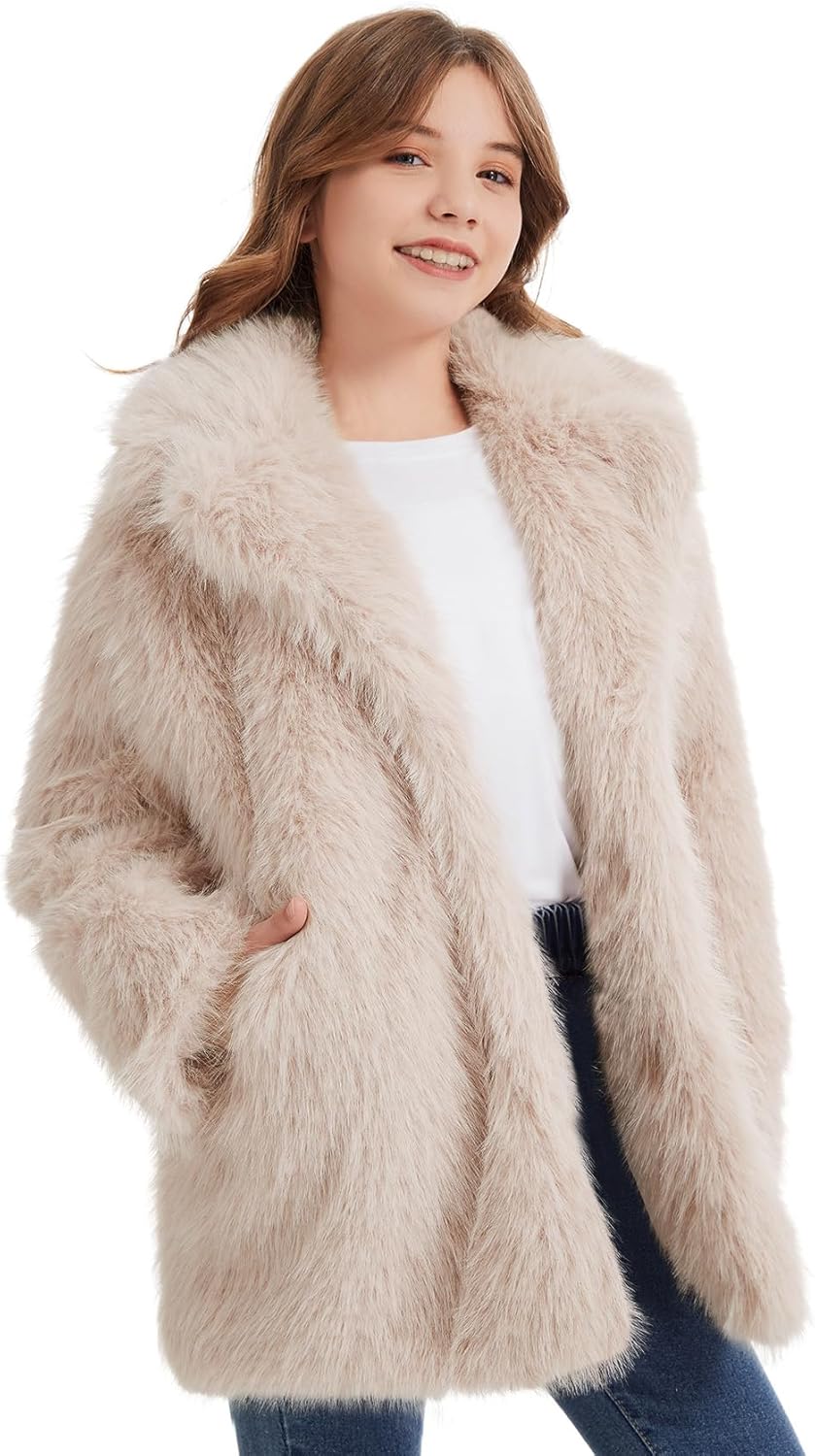 Kissonic Girls Faux Fur Coat Fluffy Kids Warm Winter Fleece Jacket Long Shaggy Outwear with Pockets - Image 4