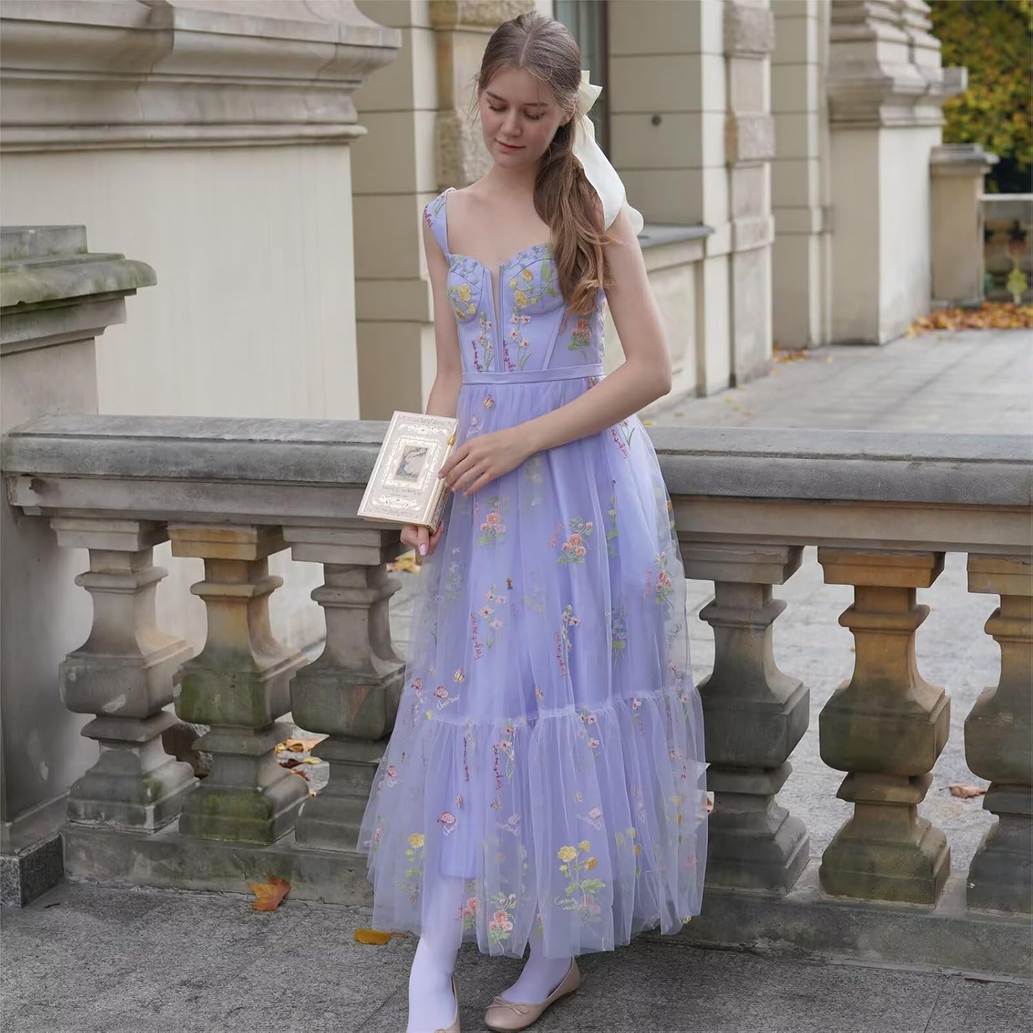 Cudiew Women Tulle Prom Dress Flower Embroidery Tea Length A Line Sweetheart Formal Evening Party Gowns for Teens