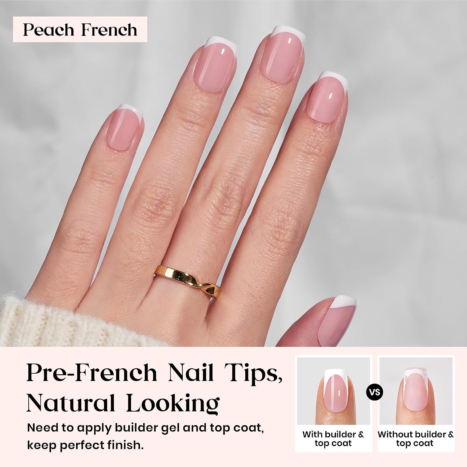 Beetles X Press Plus French Tip Nails - Peach French | Pink Extra Short Square Press On Nails | 15 Sizes 210 Pcs Natural Salon Quality Gel Nail Tips