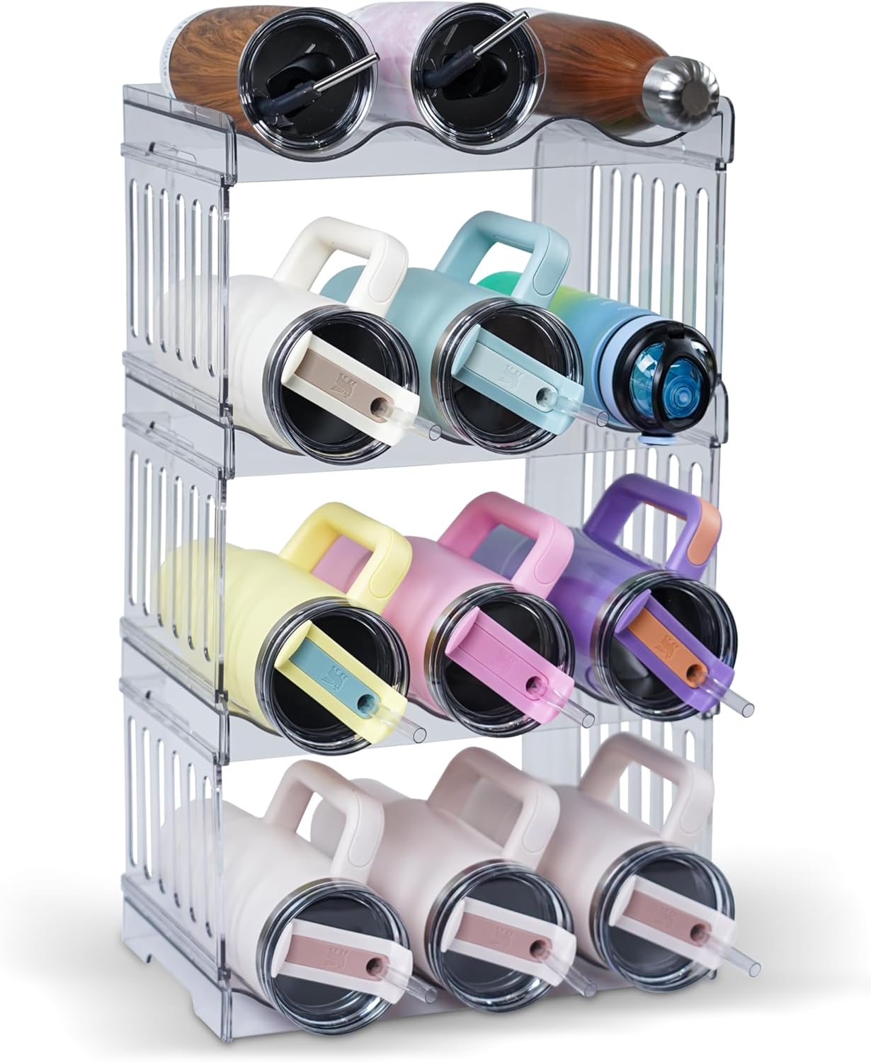 Water Bottle Organizer 4-Tier Set – Heavy Duty Stackable Holder for 40oz Stanley Tumblers & Wine Bottles, Drainable Kitchen Rack, Easy to Clean (Gift Idea)