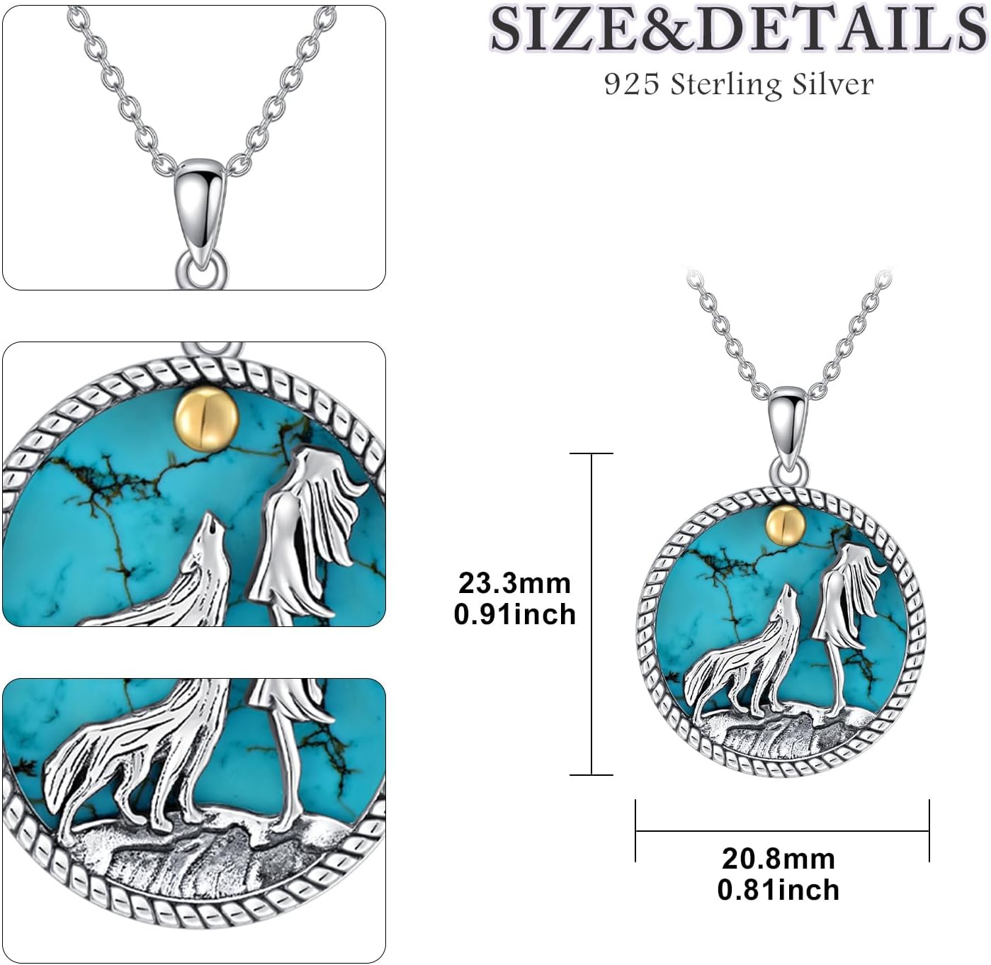 Wolf Necklace 925 Sterling Silve Turquoise Necklace Wolf And Lady Necklaces Wolf And Moon Pendant Turquoise Jewelry Gifts for Women