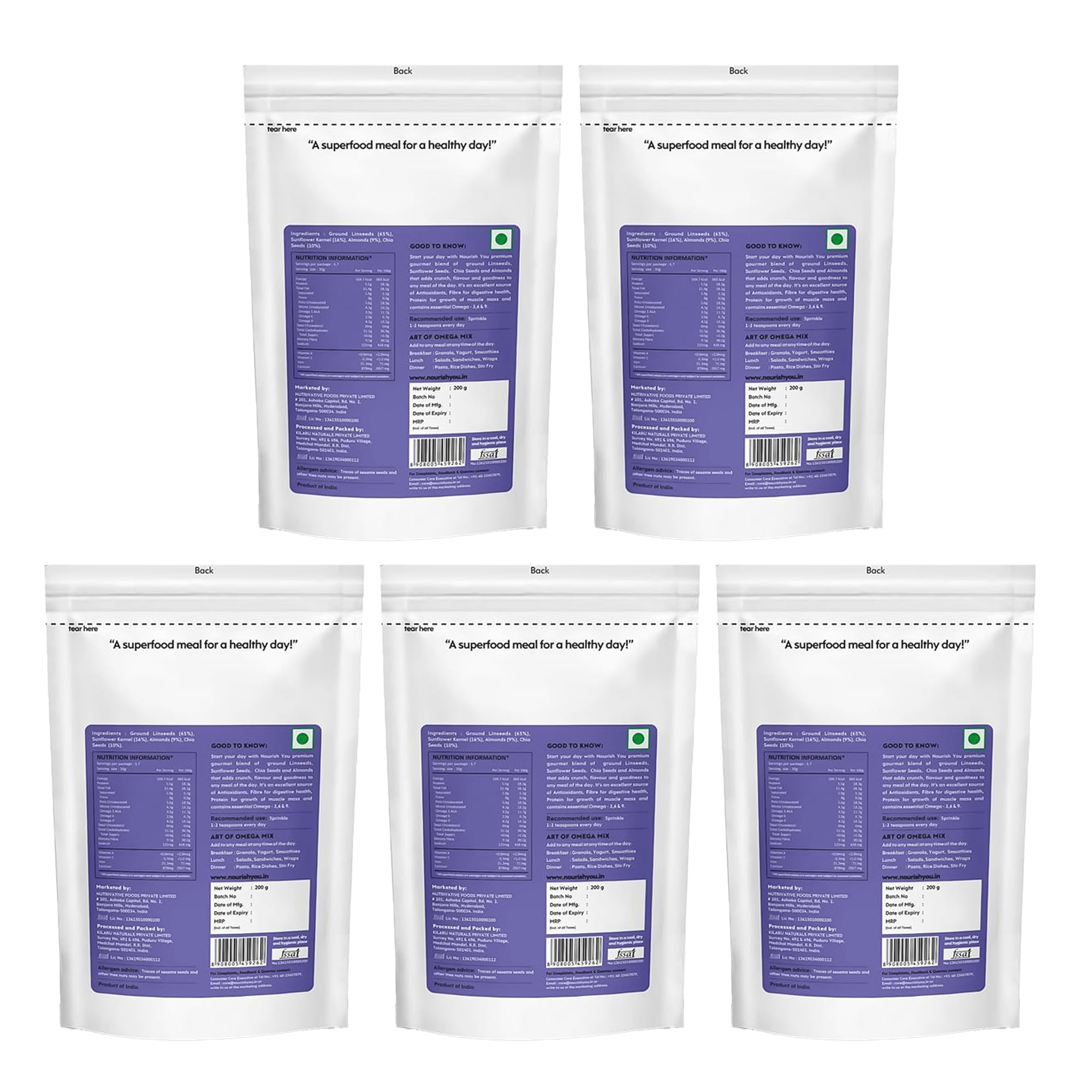 Nourish You Omega Meal Mix 200g | Omega 3 Rich Superfood Seed Mix with Ground Flaxseed, Chia Seeds, Almonds & Sunflower Seeds | High Fibre Plant Protein | Gluten Free Healthy Meal Booster | pack of 5 — Amazon image 3