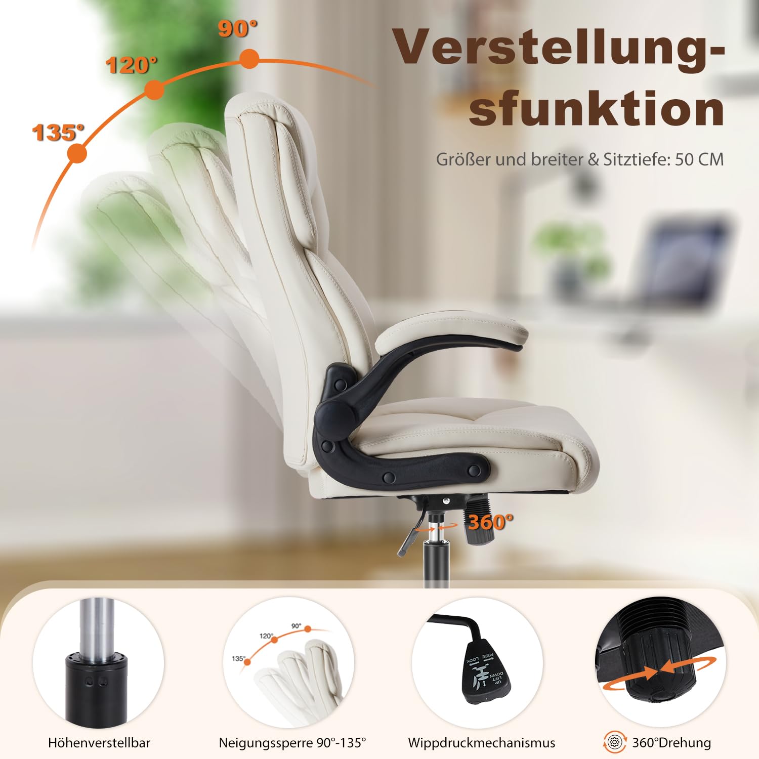 DUMOS Bürostuhl Pu-Leder Chefsessel mit Hochklappbaren Armlehnen Bürostuhle Leder mit Drehbaren Rädern Office Chair Ergonomic Geeignet für Büros Zuhause und Andere Umgebungen