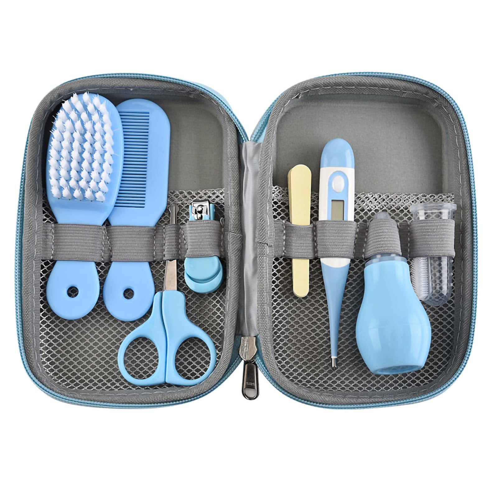 8 in 1 infants Grooming Kit with Hair Brush Nail Clipper Nose Cleaner Finger Toothbrush Scissor for infants Care Keep healthe and cleanse Newborn Care for infants Care Keep healthe and Clean(Blue)
