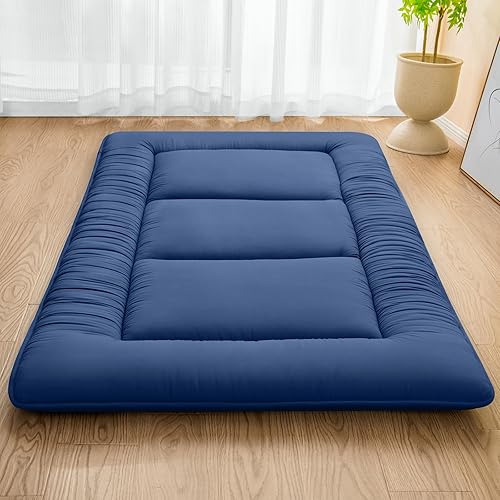MASVIS Colchón de futón japonés, colchón de piso, colchón grueso para dormir, plegable y portátil, colchón de campamento enrollable, azul marino,