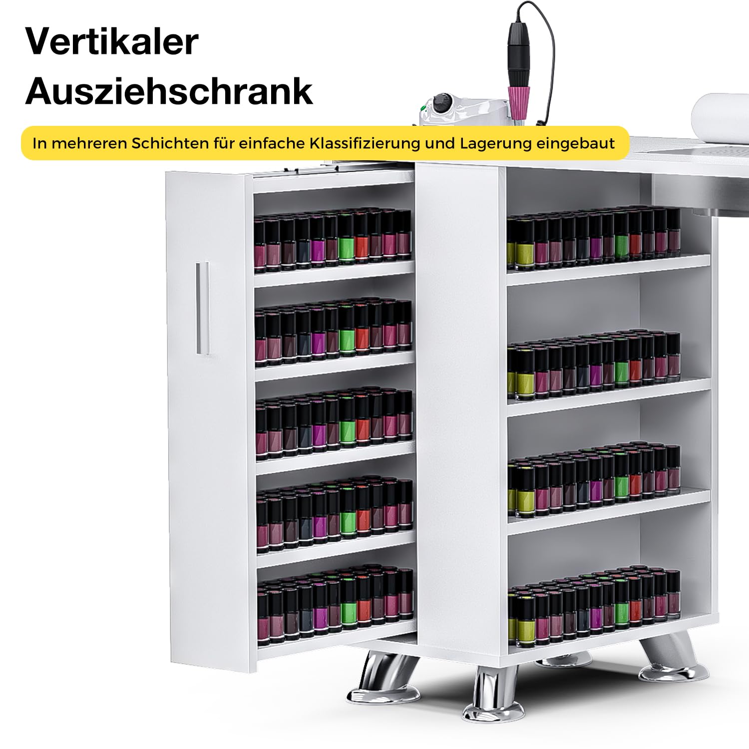 Nageltisch mit Staubabsaugung | Profi Manikürtisch für Nageldesign | Stabiler Nagelstudio Tisch mit 2 Schränken, 2 Schubladen, Handauflage & 4 Staubsaugerbeuteln (Weiß)