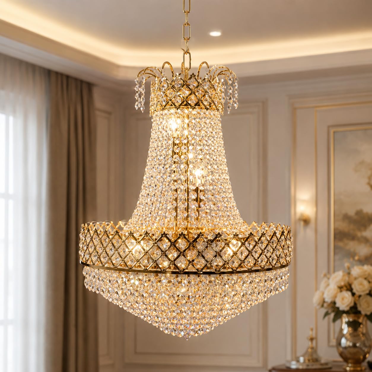 GLASS CITY 480mm Gold Crystal LED Chandelier Ceiling Light | Decorative Hanging Jhoomar | Bulbs Included | Modern Light for Living Room, Hall, Dining Room & Foyer-image-38