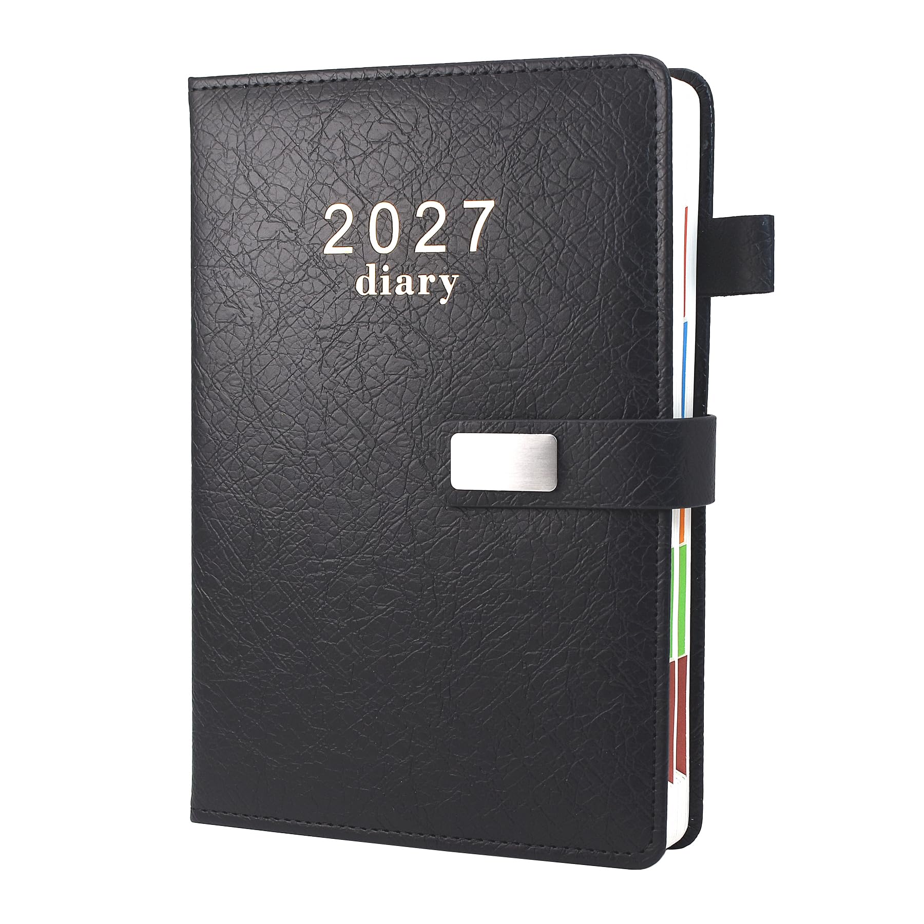 Earning Power 2027 Diary,Faux Leather Diary 2027 A5 Page A Day,Productivity Daily Planner from Jan 2027 to Dec 2027 With Monthly Tabs, 3 Bookmark and Colorful Side Panels (Black)