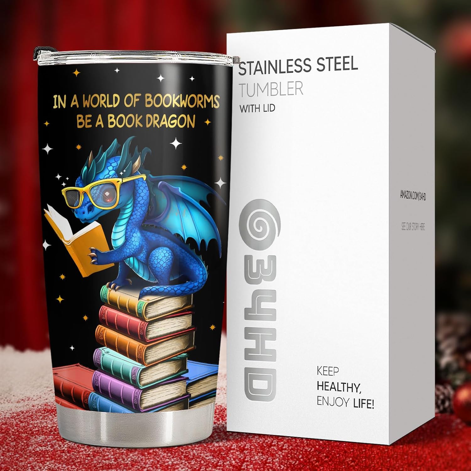34HD Book Dragon Tumbler with Lid, 20oz Stainless Steel Vacuum Insulated Dragon Coffee Mug, Book Lover Gifts for Birthday Christmas Back To School, Bookworm Gifts for Women, Bookish Items - Image 7
