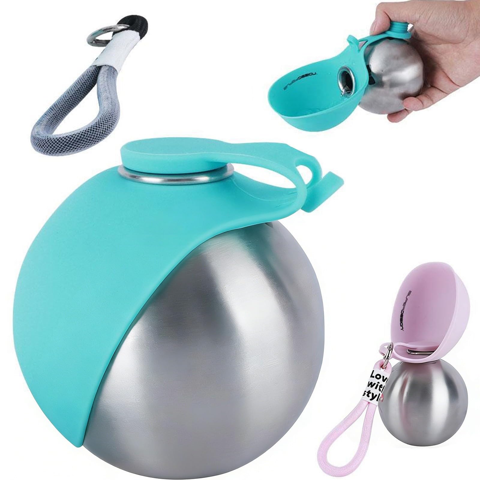Stainless Steel/Plastic Hydropaw Bottle, Portable Dog Water Bottle with Foldable Silicone Bowl, Feeding & Watering Supplies for Dogs, Dog Bottle for Walks and Travel (Blue, Stainless Steel)