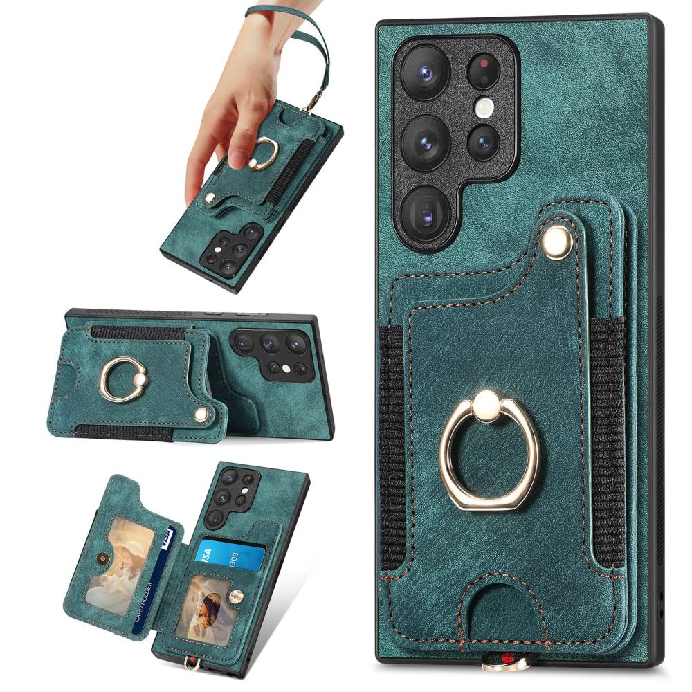 Funda para Galaxy S21 Ultra de cuero verde con soporte magnético de anillo 8