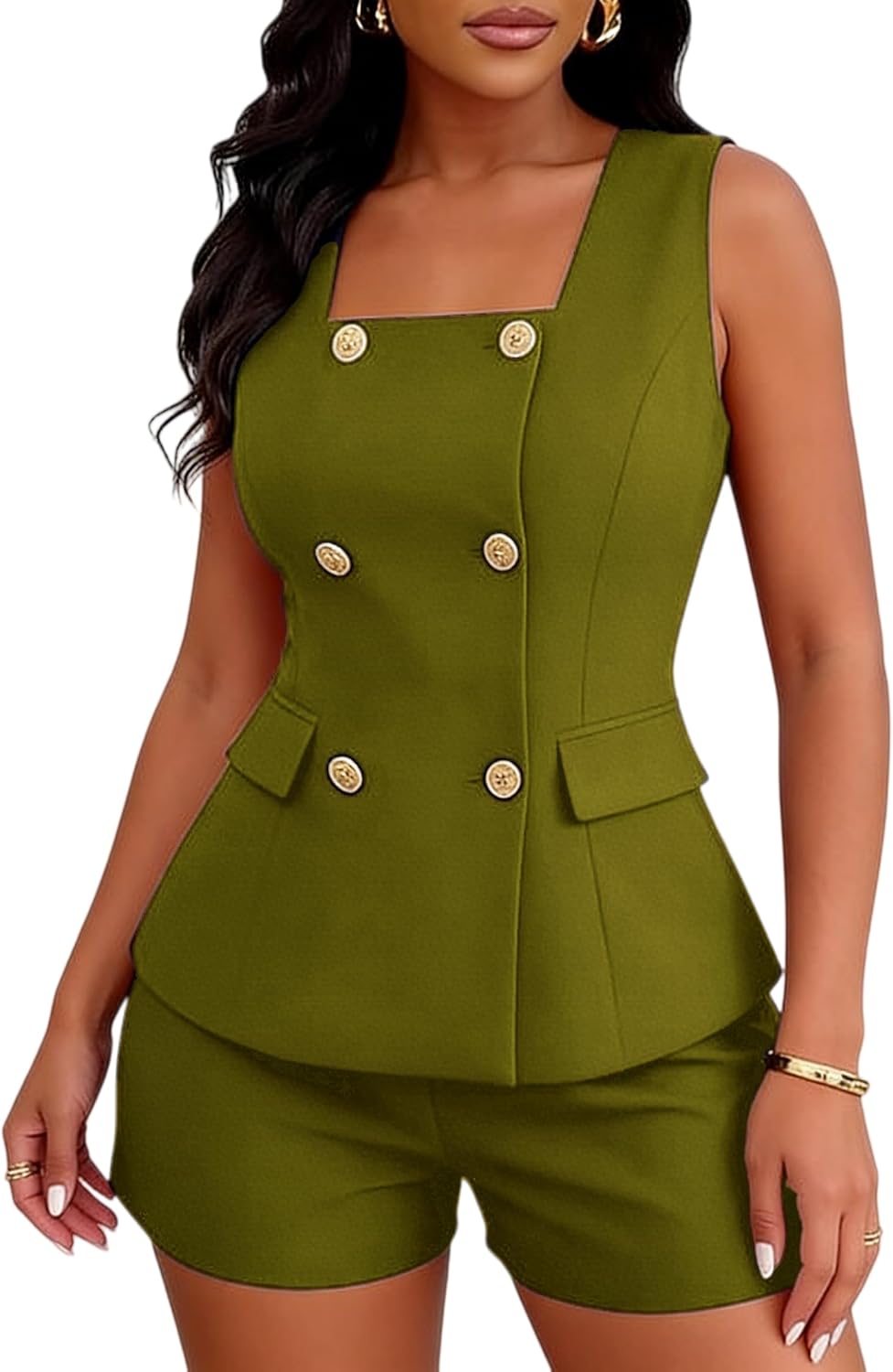 Women's Summer 2 Piece 2026 Dressy Square Neck Double Breasted Vest Short Sets Casual Vacation Outfits