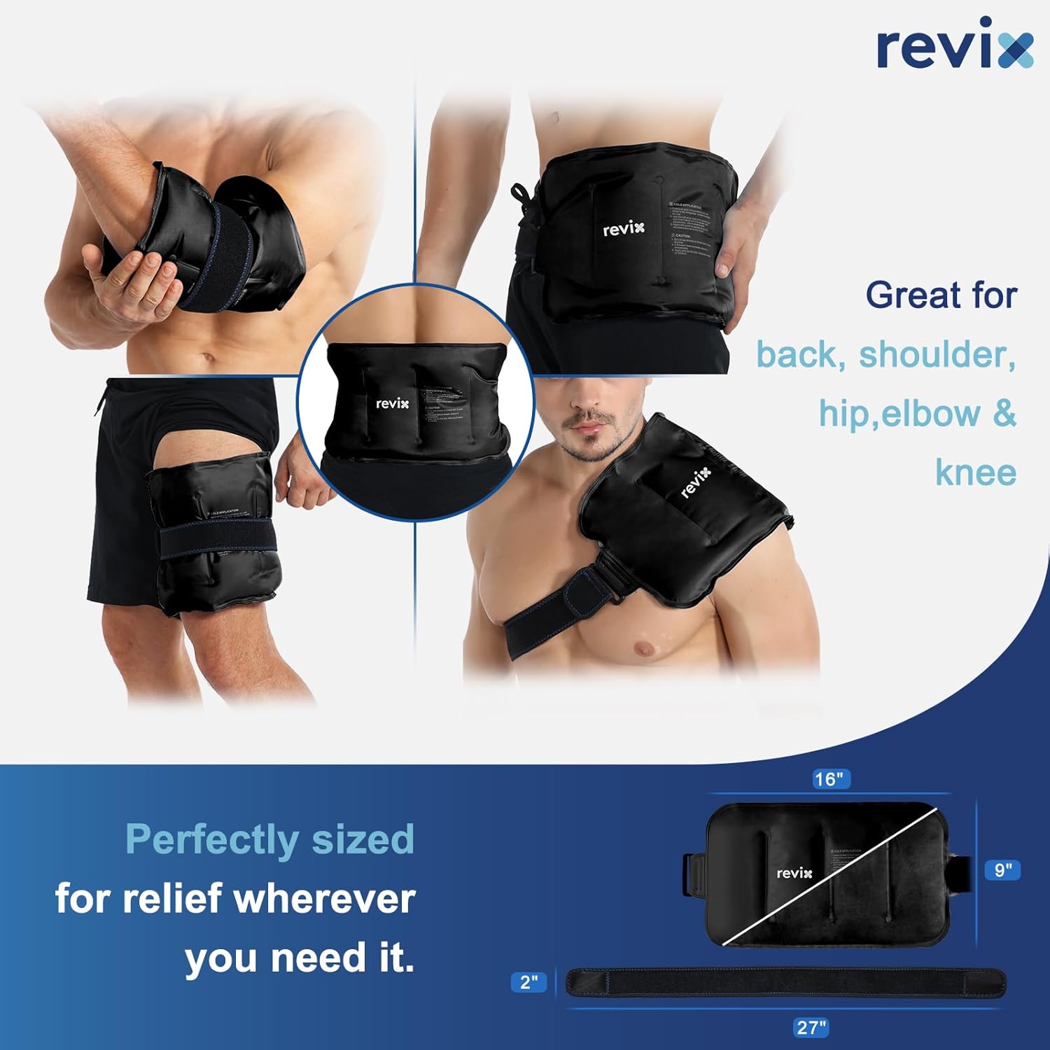 REVIX Large Ice Packs Wrap for Hip, Knee, Leg, Shoulder, Back, Reusable Gel Cold Pack for Injuries, Joint and Muscle Discomfort Relief, Black