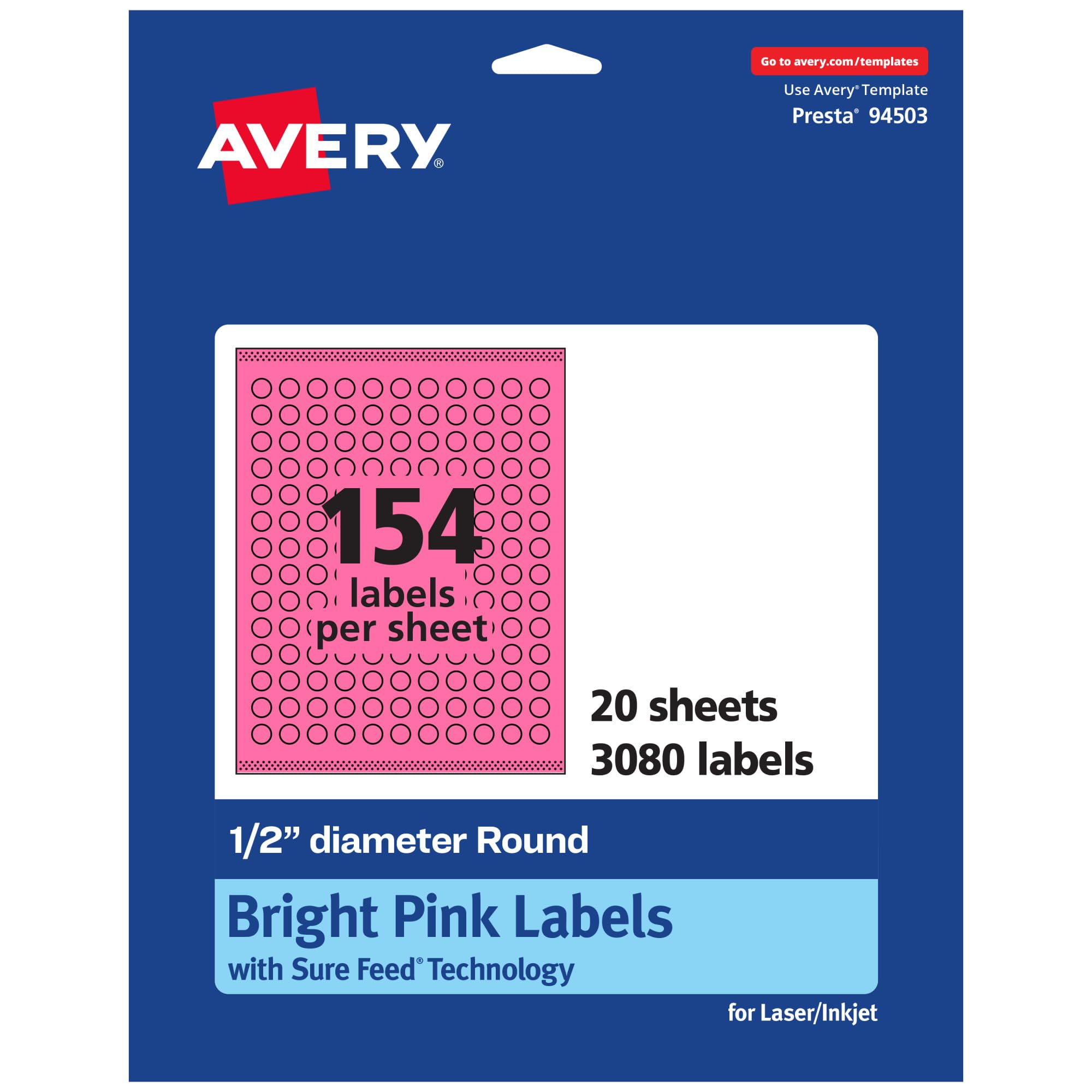 Avery Printable Round Labels, Sure Feed Technology, 1/2" Diameter, Bright Pink Labels, Print-to-The-Edge, Laser/Inkjet, 3,080 Total, Great for Price