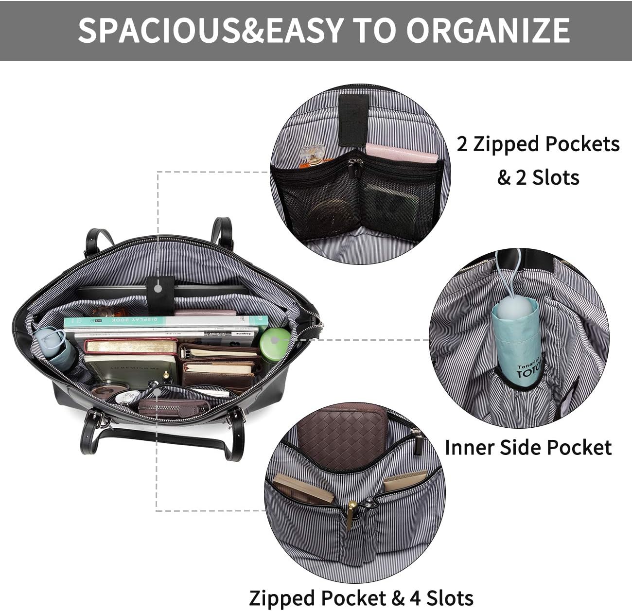 Laptop Tote Bag for Women, PU Leather Water Resistant Travel, Work,Teacher Tote Bag Fits 15.6 inch Laptop - Image 4