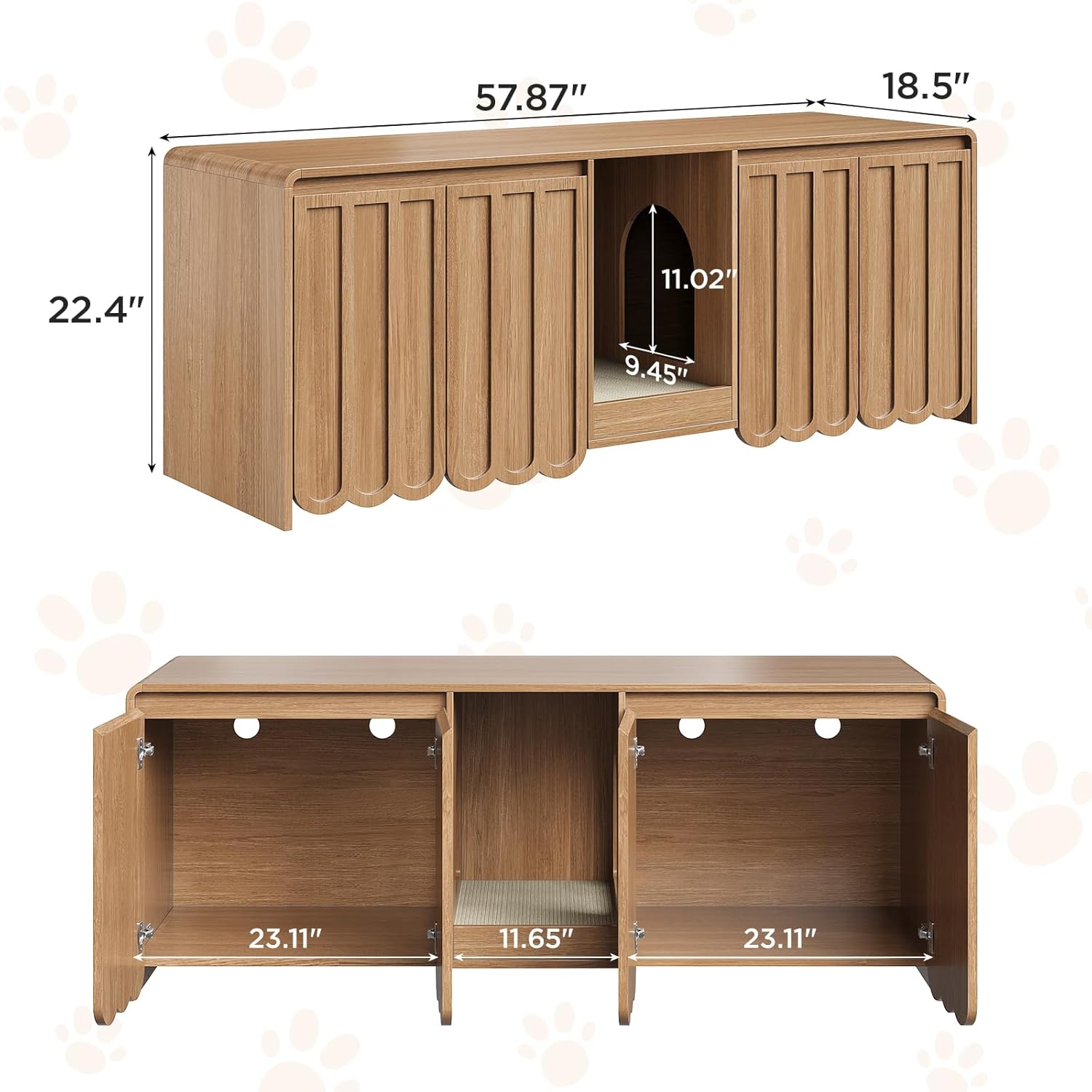 Halitaa Litter Box Enclosure for 2 Cats, 57.9" Hidden Litter Box with Scratch Pad, Modern Fluted Cat Litter Box Furniture with Dual Rooms, Cat Box Enclosure, TV Stand, Natural