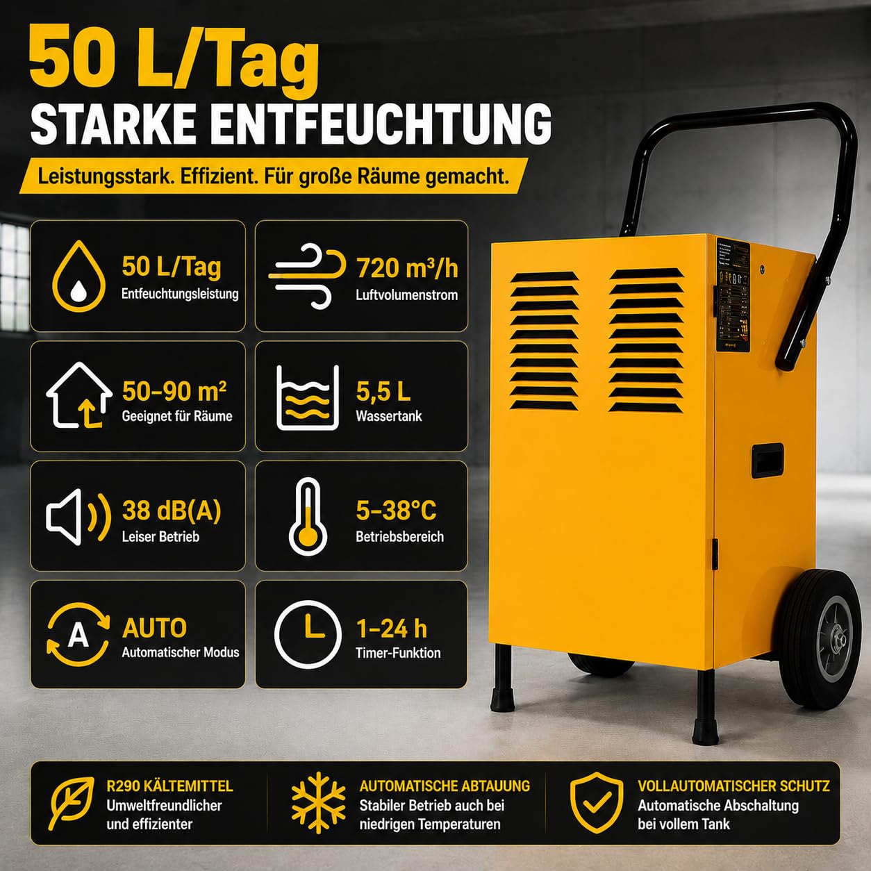 Luftentfeuchter 50 L/Tag mit Smart Control, Bautrockner für Keller und Garage, 5,5 L Tank, Dauerablauf