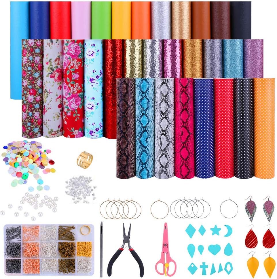 32 Pieces Leather Earring Making Kit Includes 6 Styles Faux Leather Sheets for Earrings DIY Bows and Crafts Leather for Earrings Making Supplies Templates Faux Pearls and Complete Tools 6.3 X 8.3 inch