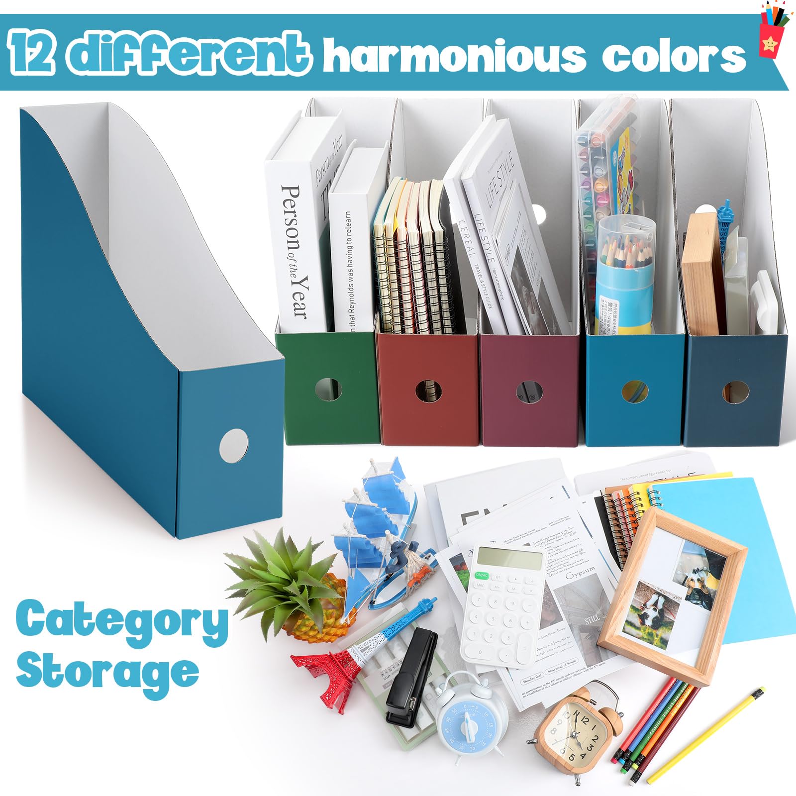 Colarr Zeitschriftenhalter aus Karton, 12 Farben, Zeitschriftenhalter, Zeitschriftenaufbewahrung, Büroordner, Organizer, Aktenordner, Mülleimer für Zuhause, Büro, Schule, Schreibtischbedarf (frische