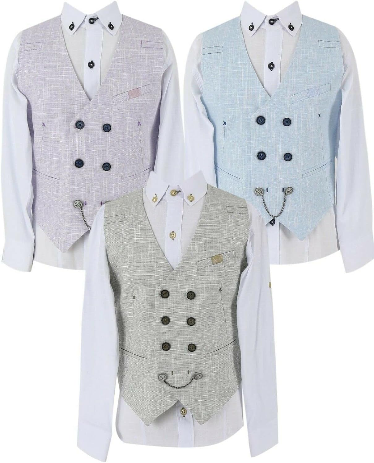 Boy’s Self Patterned Double Breasted Waistcoat Suit Linen Formal 3 Piece Set