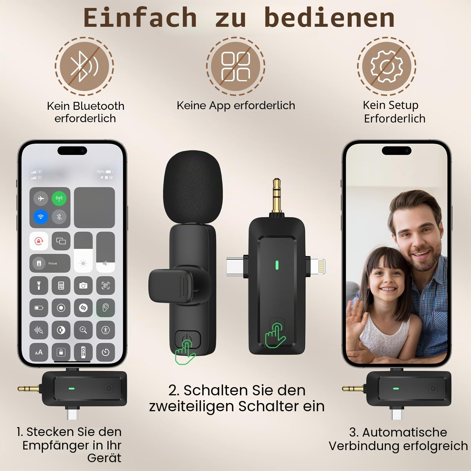 HMKCH Kabelloses Lavalier Mikrofon für iPhone/Android Telefon/Kamera/Computer/Laptop, Professionelles Mini Ansteckmikrofon mit USB-C/3,5 mm/USB-Stecker für Videoaufzeichnung, Vlog, YouTube, TikTok