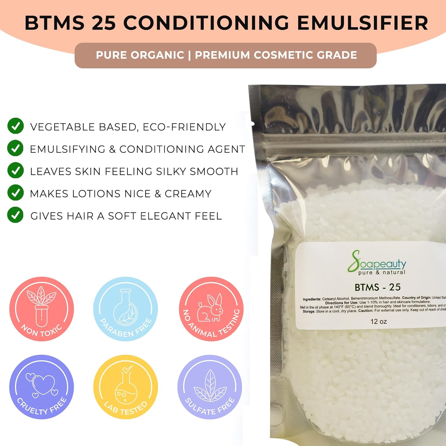 Soapeauty BTMS-25 (Behentrimonium Methosulfate & Cetearyl Alcohol) | Conditioning Emulsifier for Hair Care & Leave-In Formulations | 32 oz